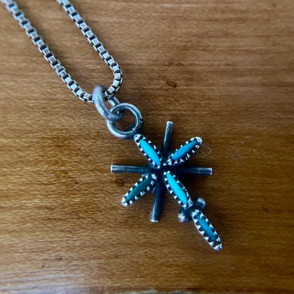 Vintage Zuni Small Sterling Silver Petit Point Turquoise Cross Pendant